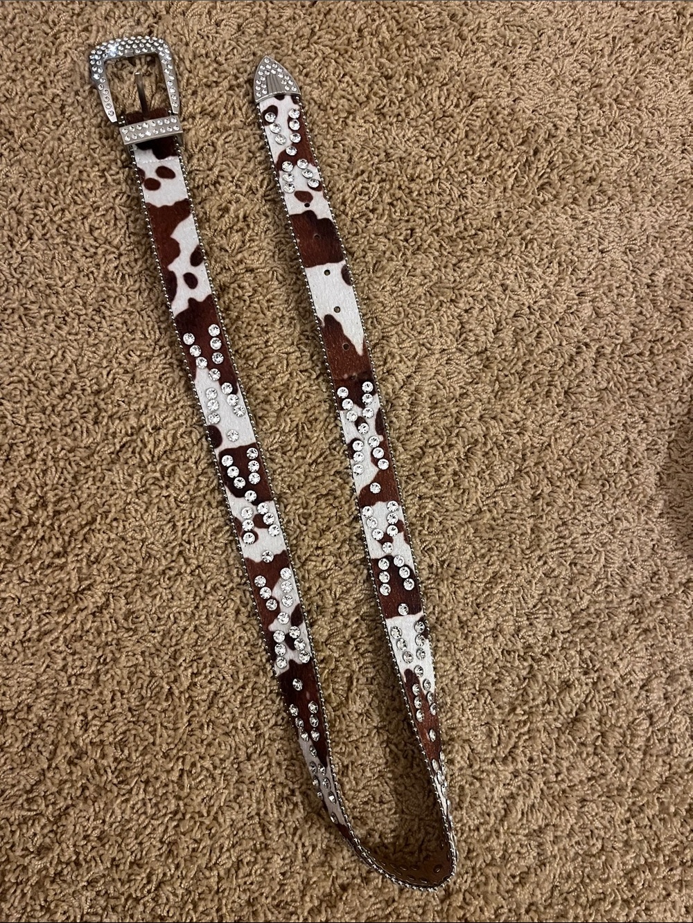 Cowhide Print Crystal Studded Decorative Belt - Brown & White